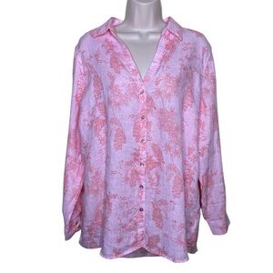Cynthia Rowley Light Pink Linen Peacock Botanical Button Down Shirt Size L Large